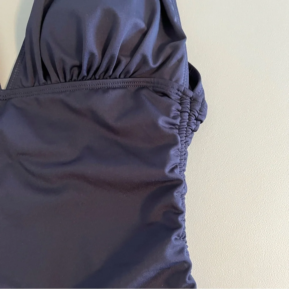 NWT Michael Michael Kors Navy Ruched One-Piece Swimsuit Size 8 Plunge Neckline - Picture 5 of 9